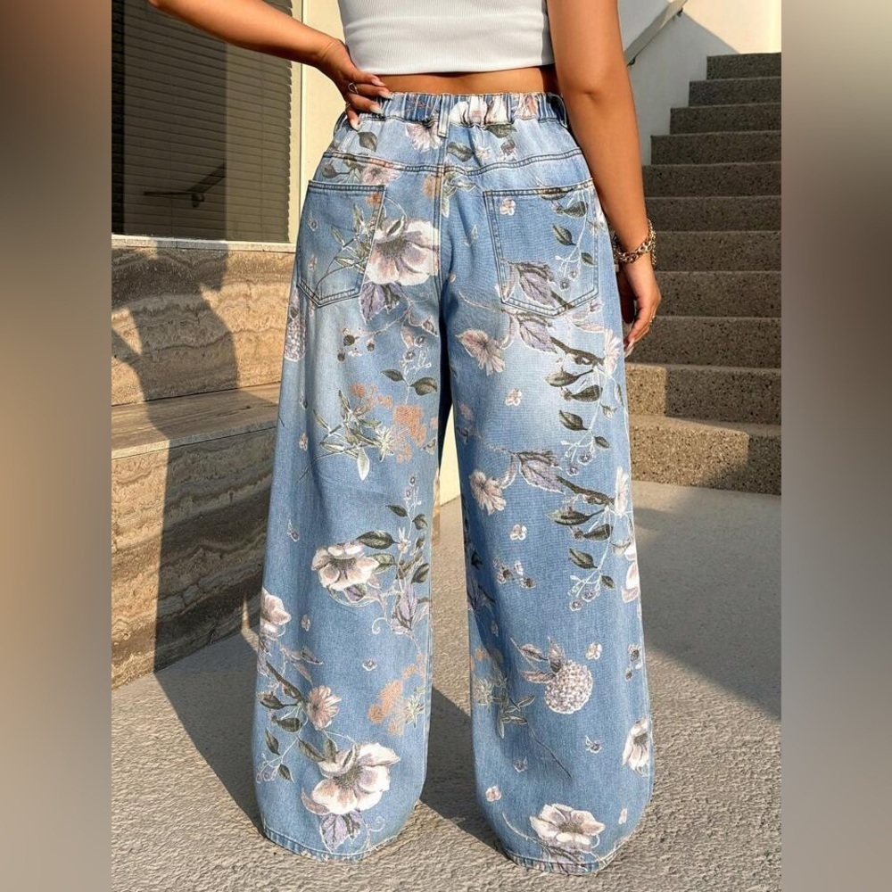 NWOT Stylish Y2K 90s Streetwear High Waist Floral Print Wide Leg Loose Jeans - Picture 5 of 10